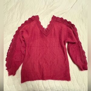 Bunulu Pink Soft Fuzzy Lace trimmed sweater Size small
